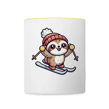 Faultier auf Ski - Winterfreuden für Tierfans - Tasse zweifarbig - Weiß/Gelb - Vorne