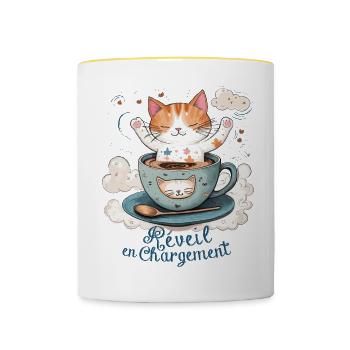 Réveil en chargement, humour chat et tasse à café - Mug contrasté - blanc/jaune - Devant