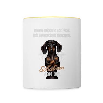 Was mit Menschen machen, schubsen wäre toll - Tasse zweifarbig - Weiß/Gelb - Vorne