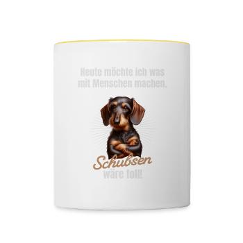 Was mit Menschen machen, schubsen wäre toll - Tasse zweifarbig - Weiß/Gelb - Vorne