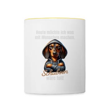 Was mit Menschen machen, schubsen wäre toll - Tasse zweifarbig - Weiß/Gelb - Vorne