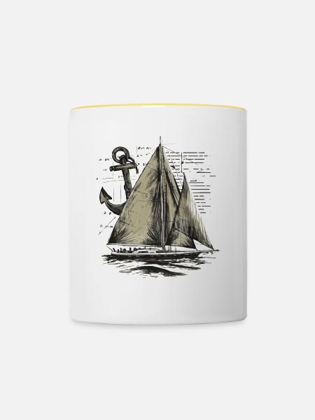 Segelboot mit Anker Geschenk - Tasse zweifarbig - Weiß/Gelb