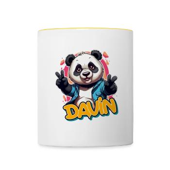 DAVIN - Schöner Jungen Name mit coolem Panda - Tasse zweifarbig - Weiß/Gelb - Vorne