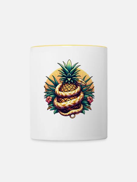 Python um Ananas - Tasse zweifarbig - Weiß/Gelb