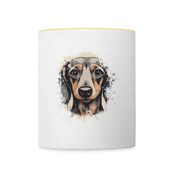 Dackel Teckel Kurzhaardackel Dachshund - Tasse zweifarbig - Weiß/Gelb - Vorne