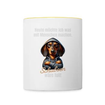 Was mit Menschen machen, schubsen wäre toll - Tasse zweifarbig - Weiß/Gelb - Vorne