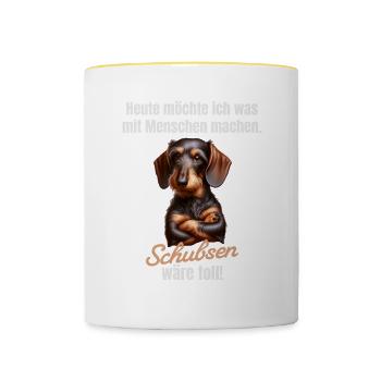 Was mit Menschen machen, schubsen wäre toll - Tasse zweifarbig - Weiß/Gelb - Vorne