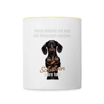 Was mit Menschen machen, schubsen wäre toll - Tasse zweifarbig - Weiß/Gelb - Vorne