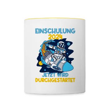 Einschulung 2024 Rakete Schulkind Schuleinführung - Tasse zweifarbig - Weiß/Gelb - Vorne