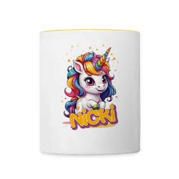 NICKI - Schöner Mädchen Name mit süßem Einhorn - Tasse zweifarbig - Weiß/Gelb - Vorne