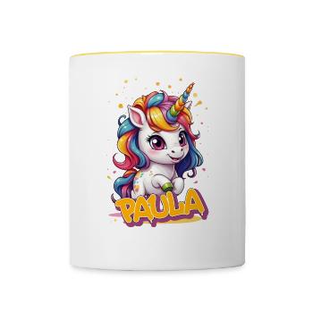 PAULA - Schöner Mädchen Name mit süßem Einhorn - Tasse zweifarbig - Weiß/Gelb - Vorne