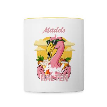 Mädels Egal Was Passiert Pegel Halten - Tasse zweifarbig - Weiß/Gelb - Vorne