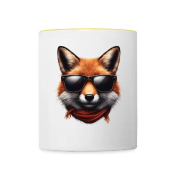 Fuchs Mit Sonnenbrille, Digitale Kunst, Wildtier - Tasse zweifarbig - Weiß/Gelb - Vorne