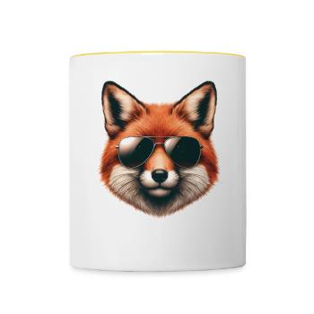 Fuchs Mit Sonnenbrille, Digitale Kunst, Wildtier - Tasse zweifarbig - Weiß/Gelb - Vorne