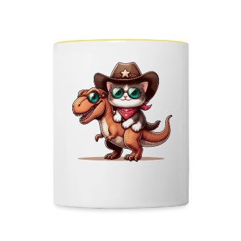 Dinosaurier Und Katze, T-Rex, Katzenbesitzer - Tasse zweifarbig - Weiß/Gelb - Vorne