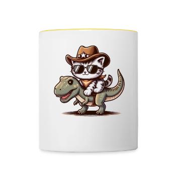 Dinosaurier Und Katze, T-Rex, Katzenbesitzer - Tasse zweifarbig - Weiß/Gelb - Vorne