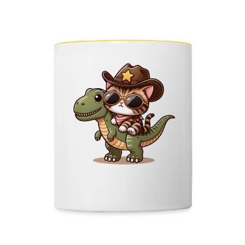 Dinosaurier Und Katze, T-Rex, Katzenbesitzer - Tasse zweifarbig - Weiß/Gelb - Vorne