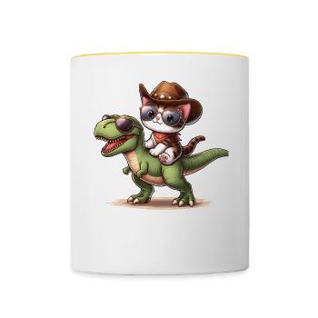 Dinosaurier Und Katze, T-Rex, Katzenbesitzer - Tasse zweifarbig - Weiß/Gelb - Vorne