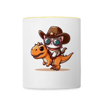 Dinosaurier Und Katze, T-Rex, Katzenbesitzer - Tasse zweifarbig - Weiß/Gelb - Vorne