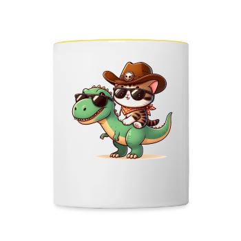 Dinosaurier Und Katze, T-Rex, Katzenbesitzer - Tasse zweifarbig - Weiß/Gelb - Vorne