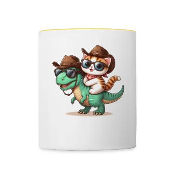 Dinosaurier Und Katze, T-Rex, Katzenbesitzer - Tasse zweifarbig - Weiß/Gelb - Vorne