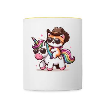 Licorne Et Chat, Propriétaire De Chat, Amoureux Des Chats - Mug contrasté - blanc/jaune - Devant
