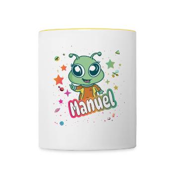 MANUEL - Beautiful boy name with cute alien - Contrasting Mug - white/yellow - Front