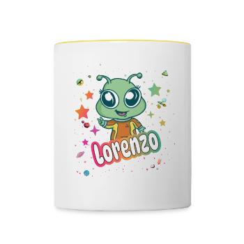 LORENZO - Beautiful boy name with cute alien - Contrasting Mug - white/yellow - Front