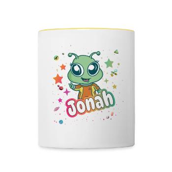 JONAH - Schöner Junge Name mit süßem Alien - Tasse zweifarbig - Weiß/Gelb - Vorne