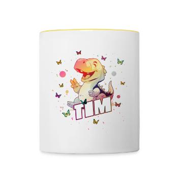 TIM - Beautiful boy name with cute DINO T-REX - Contrasting Mug - white/yellow - Front