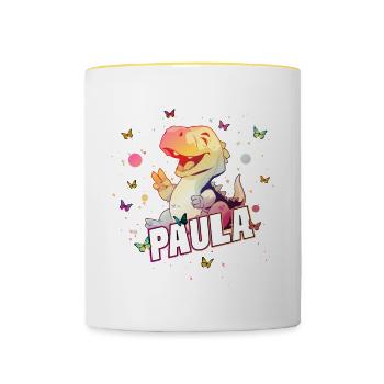 PAULA - Schöner MÄDCHEN Name mit süßem DINO T-REX - Tasse zweifarbig - Weiß/Gelb - Vorne