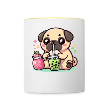 Bubble Tea Boba Milch Kawaii Anime Hund Mops - Tasse zweifarbig - Weiß/Gelb - Vorne