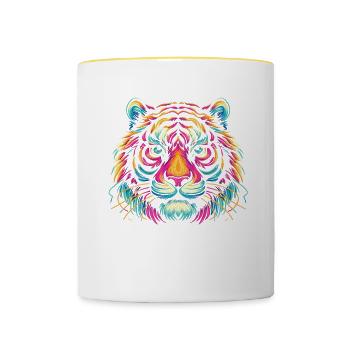 Tiger Gesicht, Bunte Tierkunst, Tiger - Tasse zweifarbig - Weiß/Gelb - Vorne
