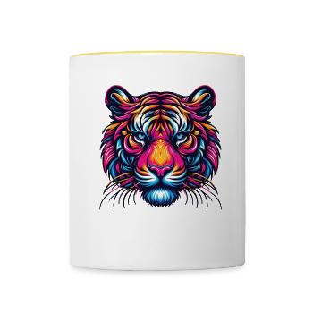Tiger Gesicht, Bunte Tierkunst, Tiger - Tasse zweifarbig - Weiß/Gelb - Vorne