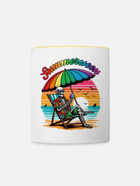 Summerween Skeleton: Chillen im Sommer - Tasse zweifarbig - Weiß/Gelb