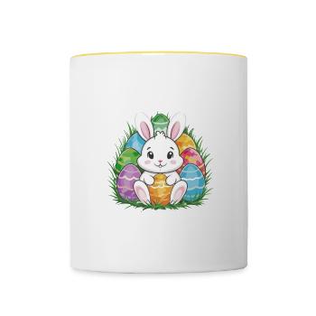 Frohe Ostern Hase Osterei Hoppy Easter - Tasse zweifarbig - Weiß/Gelb - Vorne