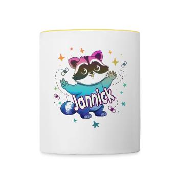 JANNICK - Beau nom de garçon avec un raton laveur mignon - Mug contrasté - blanc/jaune - Devant