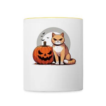 Halloween Katze Und Kürbis Für Herbst Kürbis Katze - Tasse zweifarbig - Weiß/Gelb - Vorne