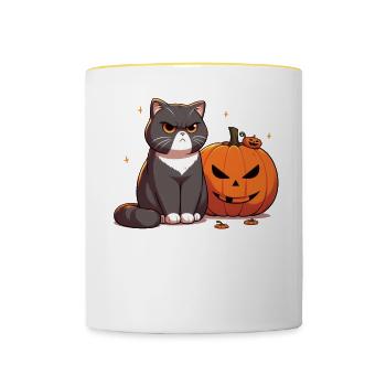 Halloween Katze Und Kürbis Für Herbst Kürbis Katze - Tasse zweifarbig - Weiß/Gelb - Vorne