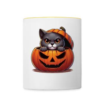 Halloween Katze Und Kürbis Für Herbst Kürbis Katze - Tasse zweifarbig - Weiß/Gelb - Vorne