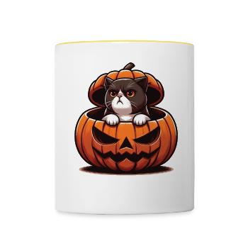 Halloween Katze Und Kürbis Für Herbst Kürbis Katze - Tasse zweifarbig - Weiß/Gelb - Vorne