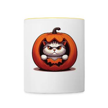 Halloween Katze Und Kürbis Für Herbst Kürbis Katze - Tasse zweifarbig - Weiß/Gelb - Vorne