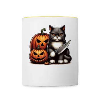 Halloween Katze Und Kürbis Für Herbst Kürbis Katze - Tasse zweifarbig - Weiß/Gelb - Vorne