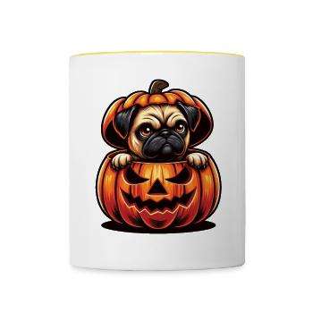 Halloween Hund, Herbst Kürbis Mops - Tasse zweifarbig - Weiß/Gelb - Vorne
