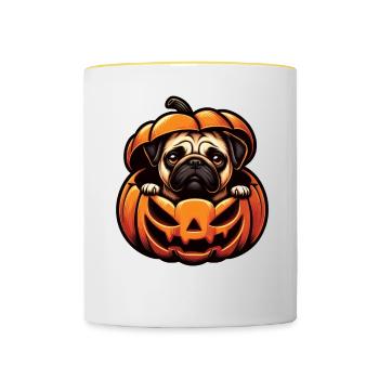 Halloween Hund, Herbst Kürbis Mops - Tasse zweifarbig - Weiß/Gelb - Vorne