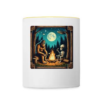 Bigfoot with alien at the campfire - Contrasting Mug - white/yellow - Front