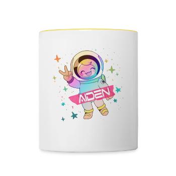 AIDEN - Schöner Jungen Name mit süßem Astronaut - Tasse zweifarbig - Weiß/Gelb - Vorne