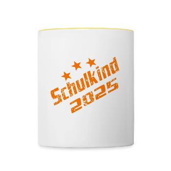 Schulkind 2025 Schulanfang Grundschule Kind - Tasse zweifarbig - Weiß/Gelb - Vorne