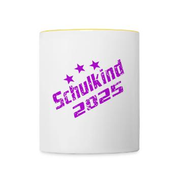 Schulkind 2025 Schulanfang Grundschule Kind - Tasse zweifarbig - Weiß/Gelb - Vorne