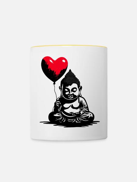 Buddha mit Herz Luftballon - Heartful Creatures - Tasse zweifarbig - Weiß/Gelb